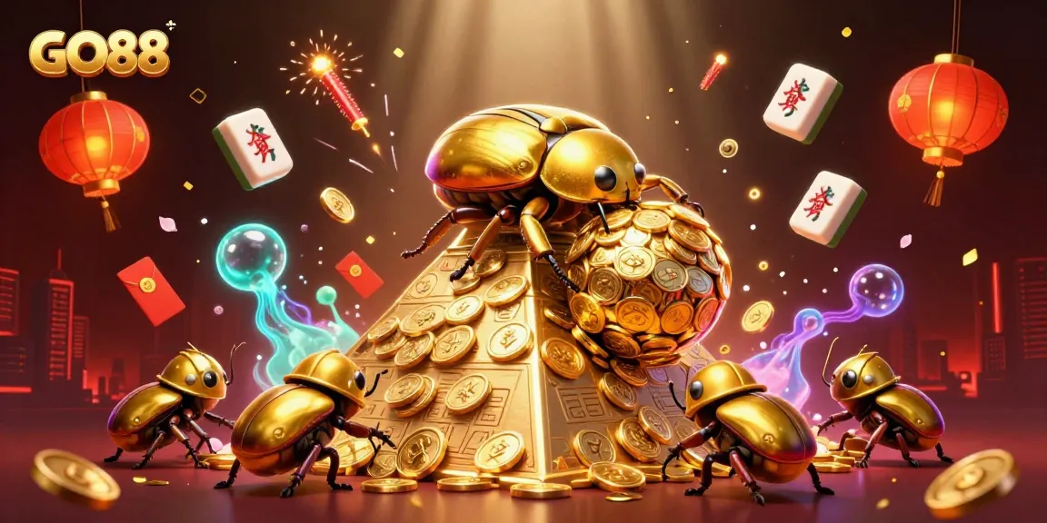 Engage in thrilling gameplay at GO88 with this captivating illustration of a golden beetle and casino elements.