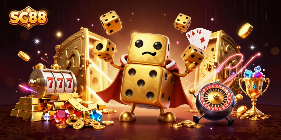 Win big at SC88 with golden dice golem and vibrant casino elements!