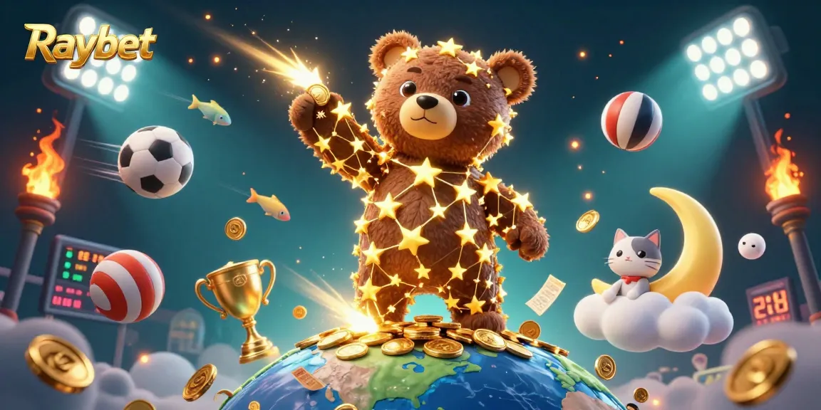 Experience the thrill of Raybet as constellation bear coins drop in a vibrant casino scene.
