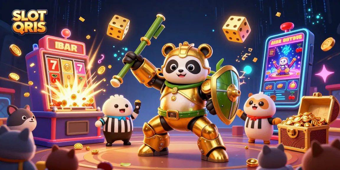 Engage with SLOT QRIS through a thrilling 3D casino scene bursting with jackpots and colorful gaming elements.