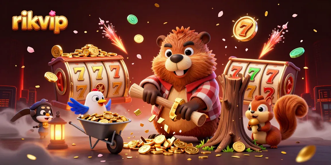 Experience exciting gameplay at rikvip with vibrant slot reels, gold coins, and cartoon characters in a lively casino atmosphere.
