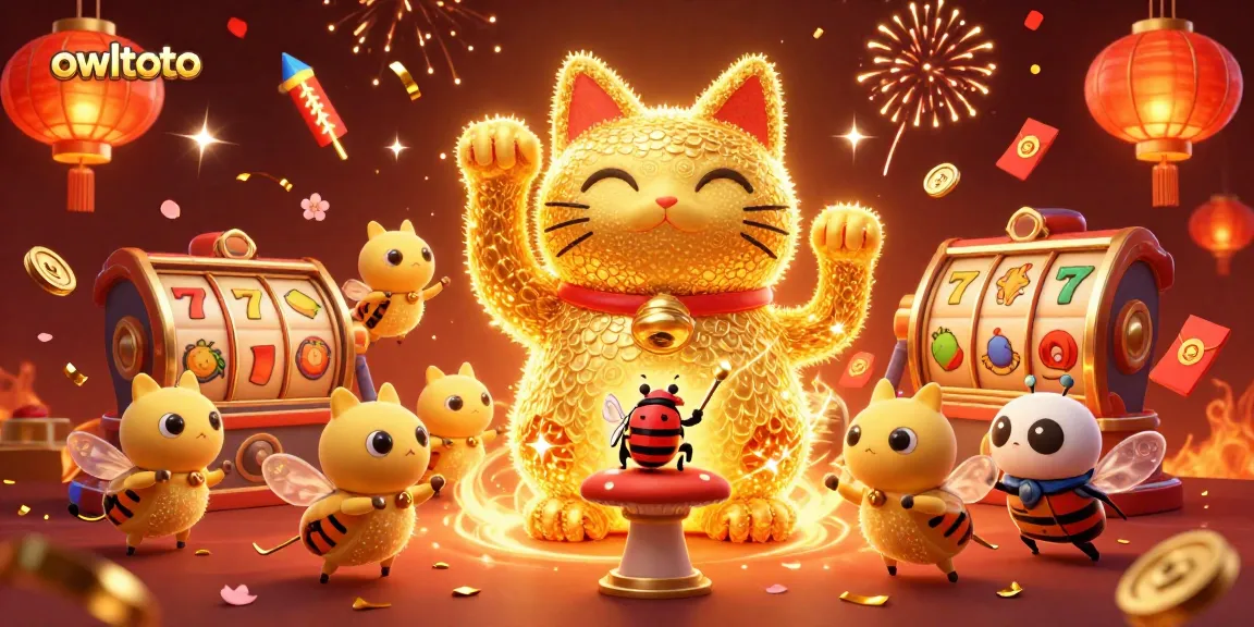 Experience the lively casino atmosphere with owltoto's lucky cat and casino symbols.