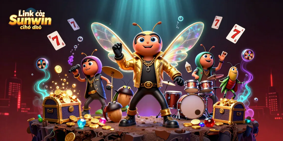 Spin to win with Link vào Sunwin chính thức, featuring a cicada star and slot reels in an exciting casino scene.