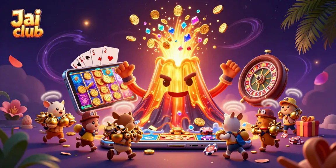 Engaging Jai club gaming scene with golden volcano, coins, and exciting casino elements.