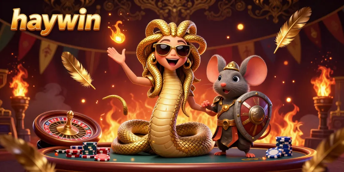 Engage with the thrilling ambiance of haywin's vibrant casino scene featuring a friendly Medusa and a warrior mouse.