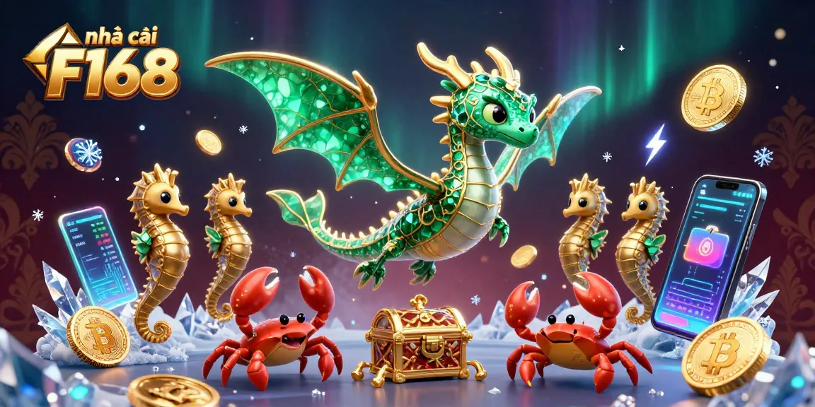 Experience thrilling gameplay at nhà cái F168 with vibrant 3D dragon surrounded by crypto elements and treasure.