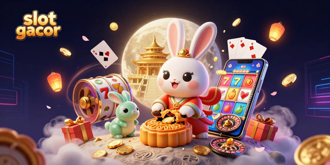 Spin to win at slot gacor with a vibrant scene featuring the moon rabbit, poker chips, and dynamic slot reels!