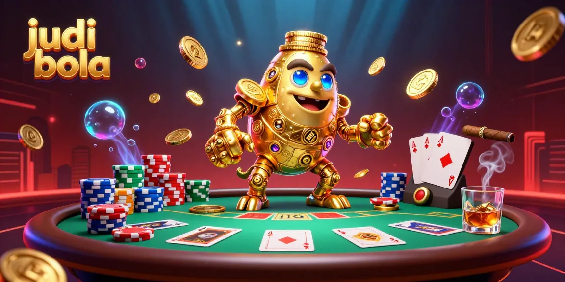Experience judi bola action with lively poker scenes and a golden golem amid vibrant casino elements.