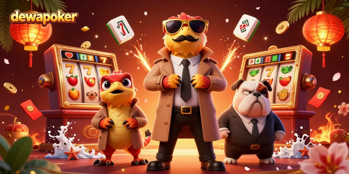 Dewapoker menghadirkan tiga raptor dalam trench coat di lounge kasino VIP, dikelilingi elemen judi menarik.