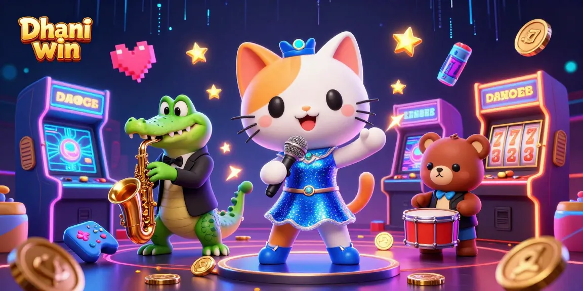Dive into Dhani win's thrilling world with vibrant gaming characters and dynamic casino elements.