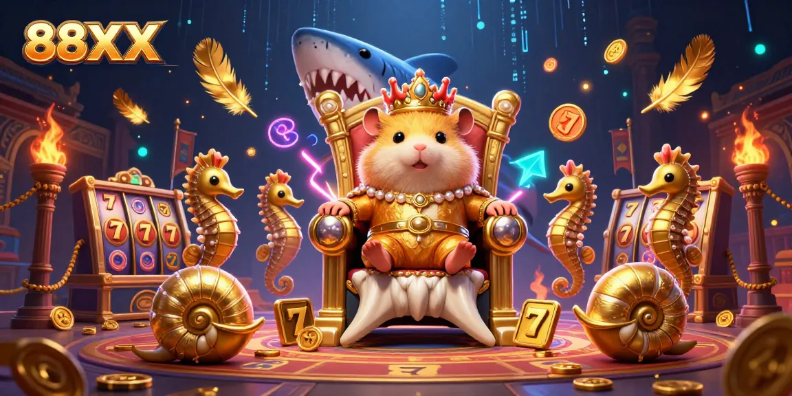 Engage with thrilling games at 88XX with a fierce hamster king in a dynamic casino scene.