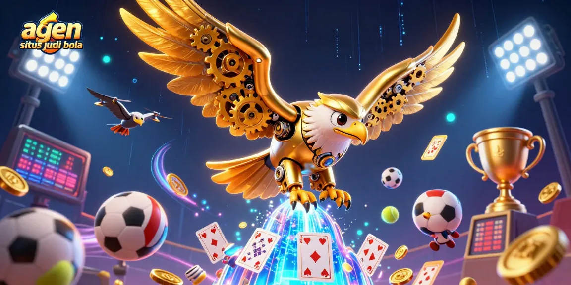 Bet on agen situs judi bola with a cybernetic eagle amidst flying sports elements and dynamic energy.