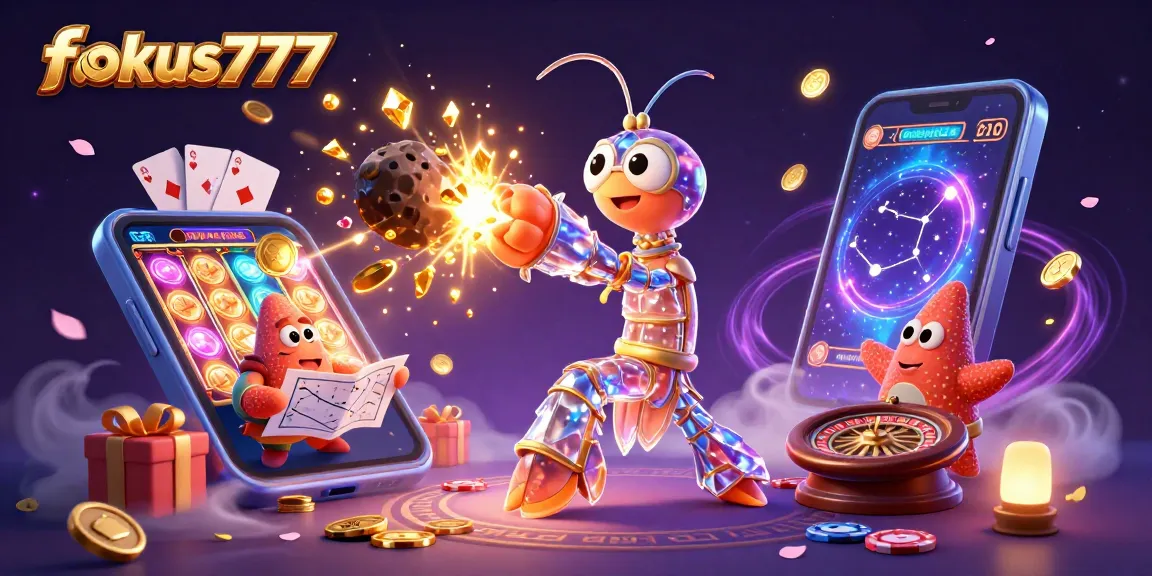 Engage with fokus777 at a vibrant online casino, featuring a galactic samurai and exciting gambling elements.