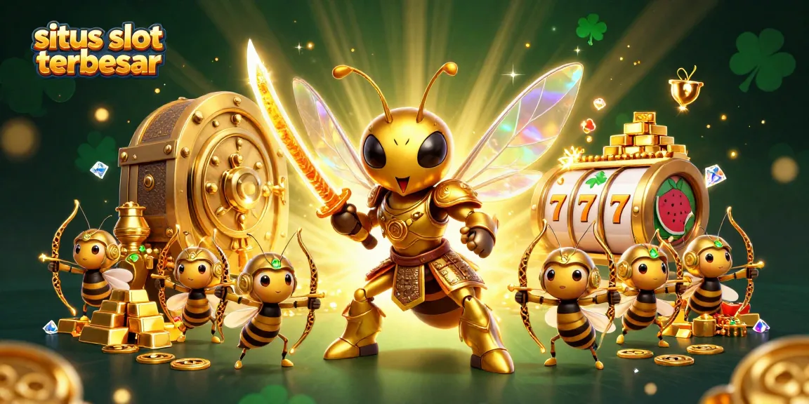 Menggali keseruan di situs slot terbesar dengan karakter menarik dan simbol keberuntungan pada latar yang cemerlang.