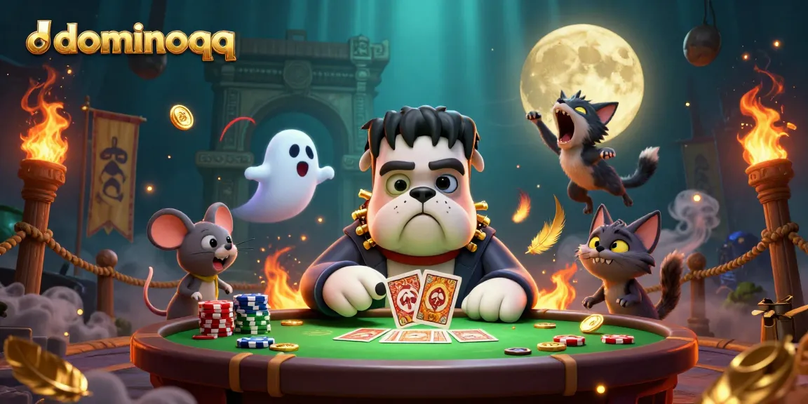 Experience the thrill of dominoqq with a whimsical scene featuring a card-dealing bulldog and a mystical werewolf kitten.