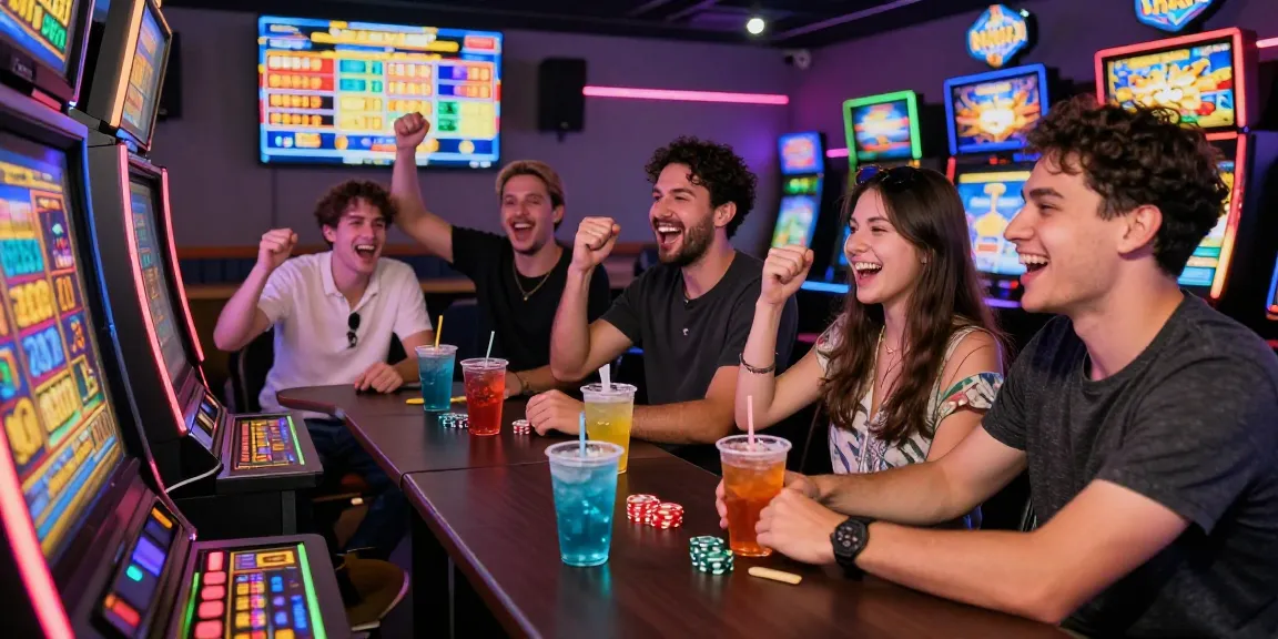 Slot yang menarik dengan pemain bersemangat di kasino, menunjukkan atmosfer yang mengasyikkan.