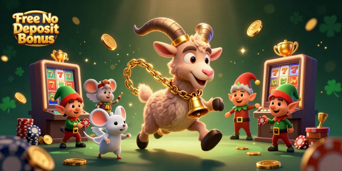Spin and win with Free No Deposit Bonus in this festive casino scene featuring playful characters and dynamic slot elements.