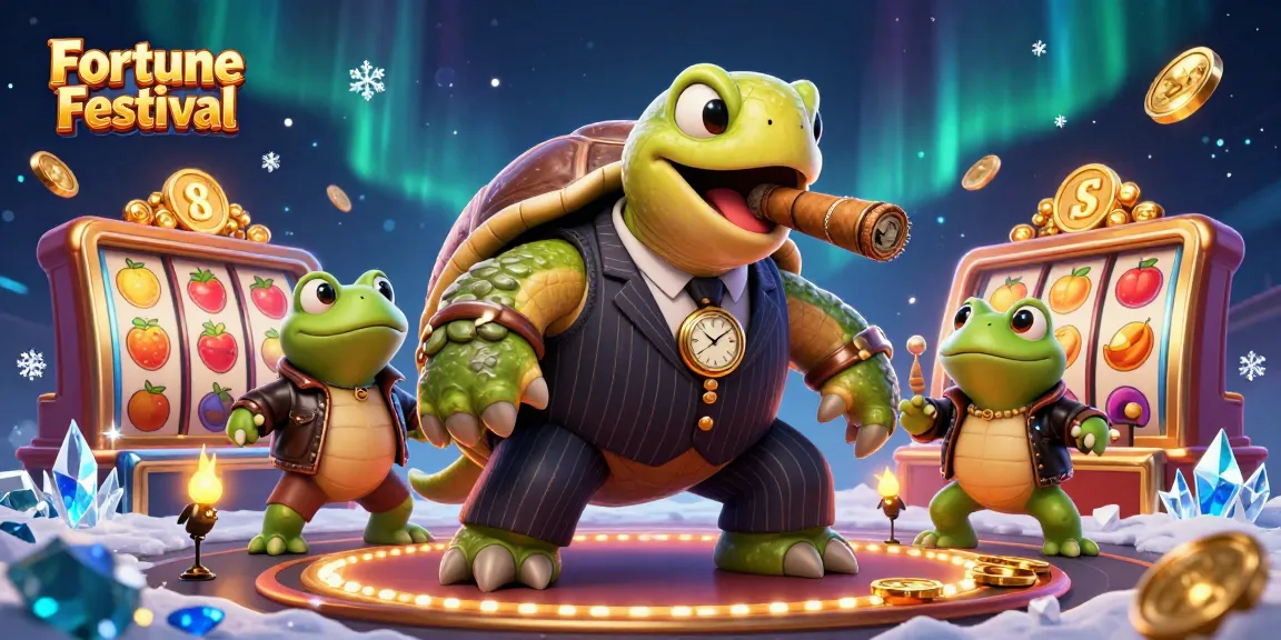 Engage in Fortune Festival with vibrant casino-themed artwork featuring a cartoon turtle and enforcers.