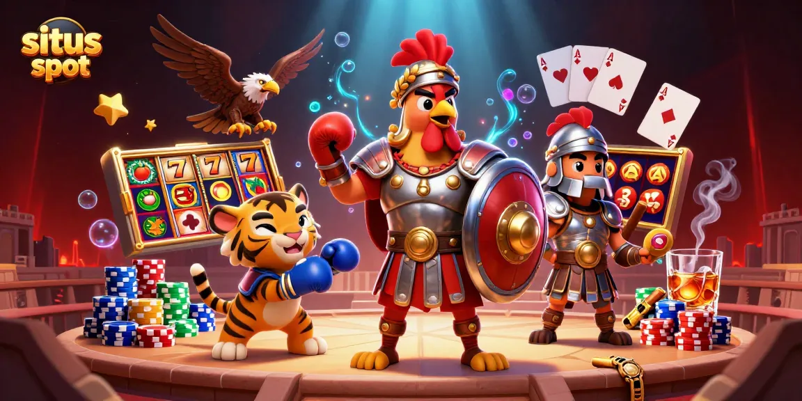 Situs slot menampilkan simbol keberuntungan, gulungan slot, dan karakter unik dalam permainan kasino.