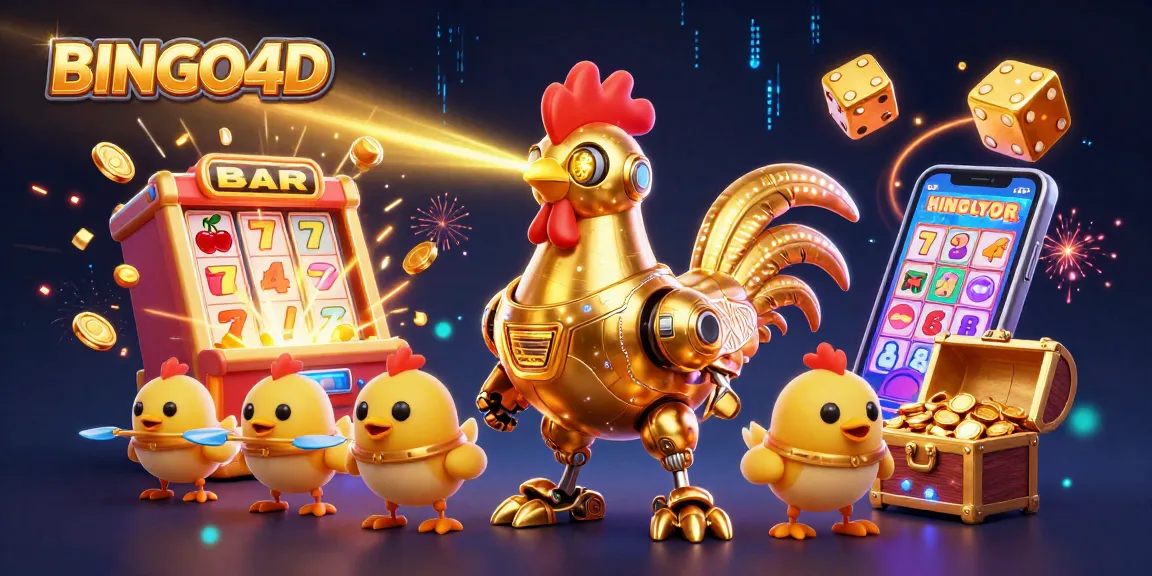 Menang besar di BINGO4D dengan roket ayam emas robot dan permainan bingo berwarna-warni.