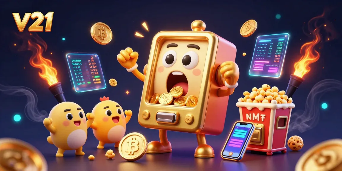 Main Slot V21 merayakan jackpot sambil dikelilingi oleh koin kripto dan mesin slot kecil lainnya.