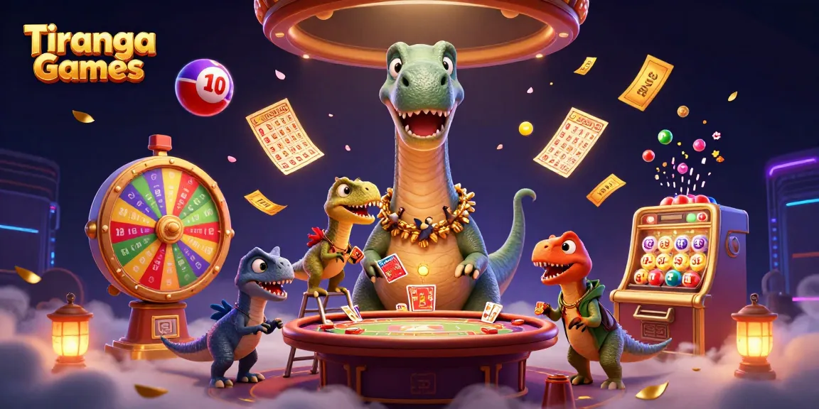 Tiranga Games showcases a thrilling 3D illustration mixing animated characters, lottery elements, and vibrant casino decor.