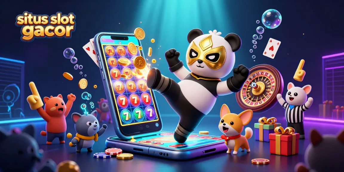 Situs slot gacor illustrates a lively scene with a wrestling panda and gambling elements like spinning reels and poker chips.