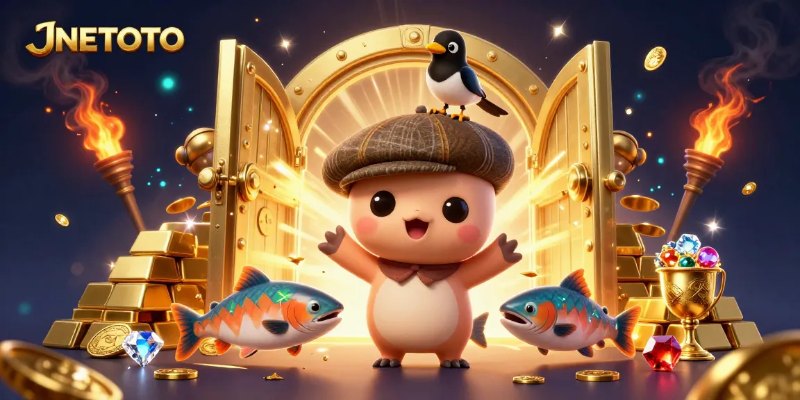 Mengungkap JNETOTO, monster Loch Ness yang lucu dan teman burung magpie, dikelilingi oleh kekayaan emas dan harta karun.