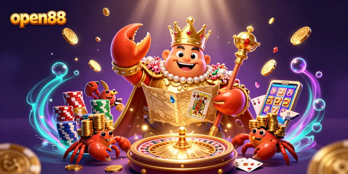 Experience the excitement of open88 with a joyful crab emperor amidst golden treasures.