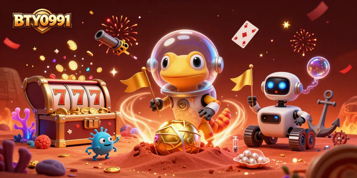 Engage with BTY0991 as a Martian gecko finds a golden casino amidst vibrant slot games and cosmic celebration.