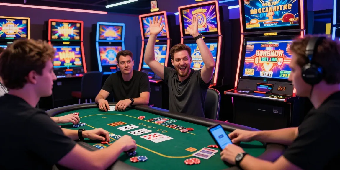 Menampilkan suasana taruhan online https://honda555.net/ dengan pemain bersemangat menggunakan mesin slot dan kartu poker, lampu neon memperindah suasana.