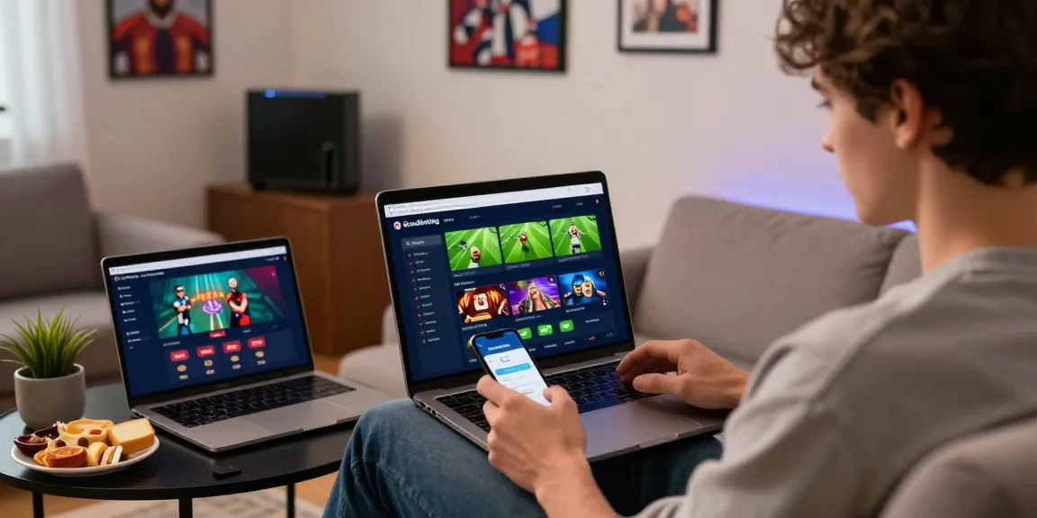 Engaged user exploring Grandbetting on a laptop, highlighting sports betting and gaming.