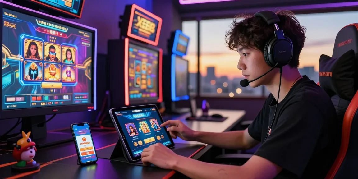 Player engaging with the XE88 mobile app in a vibrant gaming lounge with neon lighting and slot machine graphics.